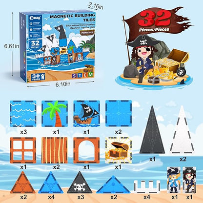 Bmag Magnetic Tiles for Kids,32 PCS Pirate Set with 3D Magnet Building Blocks, STEM Educational Toys for Preschool Learning, Gift for Boys & Girls Age 3 4 5+