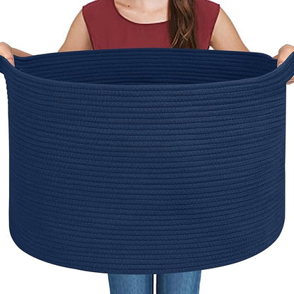 MEGASKET Dark Blue Basket for Organizing, 22" x 14" Extra Large Woven Cotton Rope Laundry Basket, Blanket Storage for Living Room Bedroom, Big Nursery Kids Toy Box Organizer, Pool Towel Storage Bin