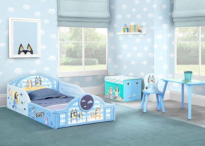 Delta Children - Bluey 4-Piece Toddler Room-in-a-Box Set – Includes Sleep and Play Toddler Bed, Table, 1 Chair and Fabric Toy Box, Blue