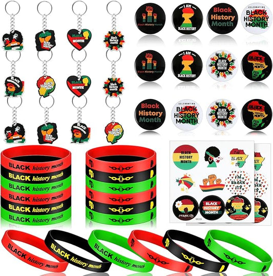 38 Pcs Black History Month Party Favors Including 12 Pcs Elastic Rubber Bracelets 12 Pcs Keychain 12 Pcs Buttons Badges Pins 2 Pcs Labels Stickers for Party African Black Freedom Day Supplies