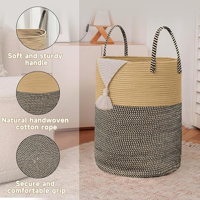 JMvicyroam Large Woven Laundry Basket Hamper,60L Cotton Rope Storage Bin for Blankets,Toys and Clothes,Decorative Tall Nursery Hamper for Living Room,Baby Nursery,Bathroom and Bedroom,Brown and Black