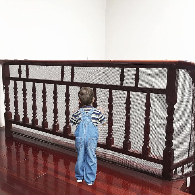 Child Safety Net - 10ft L x 2.5ft H, Balcony, Patios and Railing Stairs Netting, Safe Rail Net for Kids/Pet/Toy, Sturdy Mesh Fabric Material (Brown)