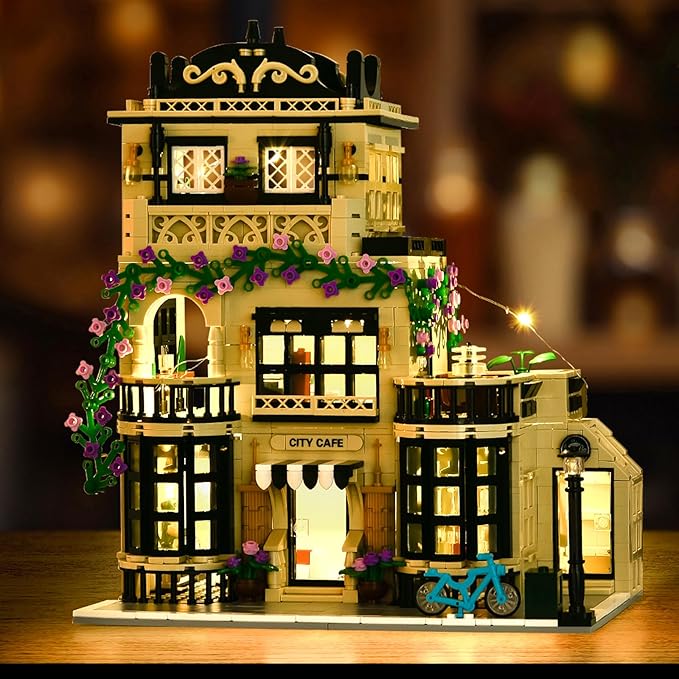 Flowers City Coffee Shop Building Sets for Adult,Cafe House Architecture Collection Toys with LED,Home Office Decor Model,Christmas Birthday Gift for Boys Girls 8+(1443PCS)