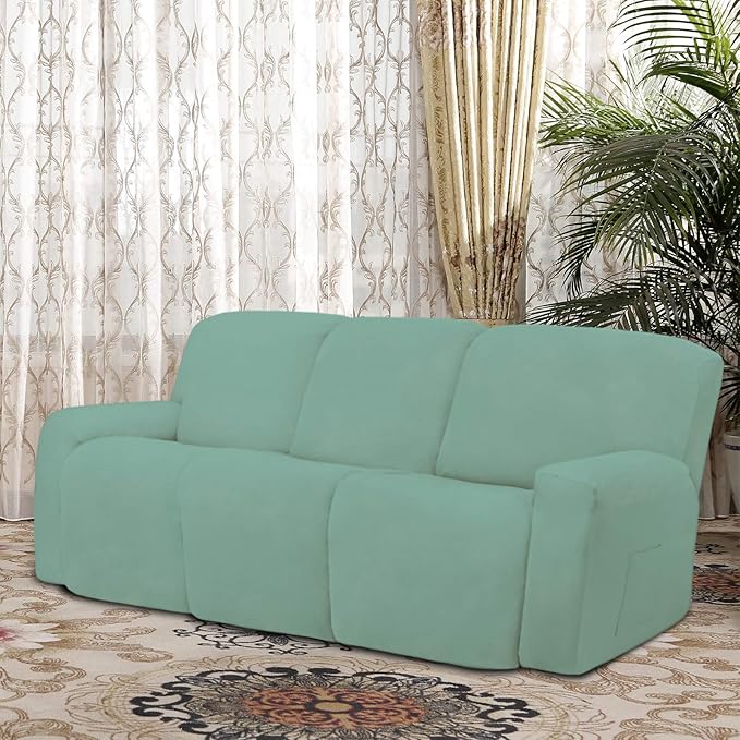Easy-Going 8 Pieces Microfiber Stretch Sectional Recliner Sofa Slipcover Soft Fitted Fleece 3 Seats Couch Cover Washable Furniture Protector with Elasticity for Kids Pet(Recliner Sofa, Cyan)