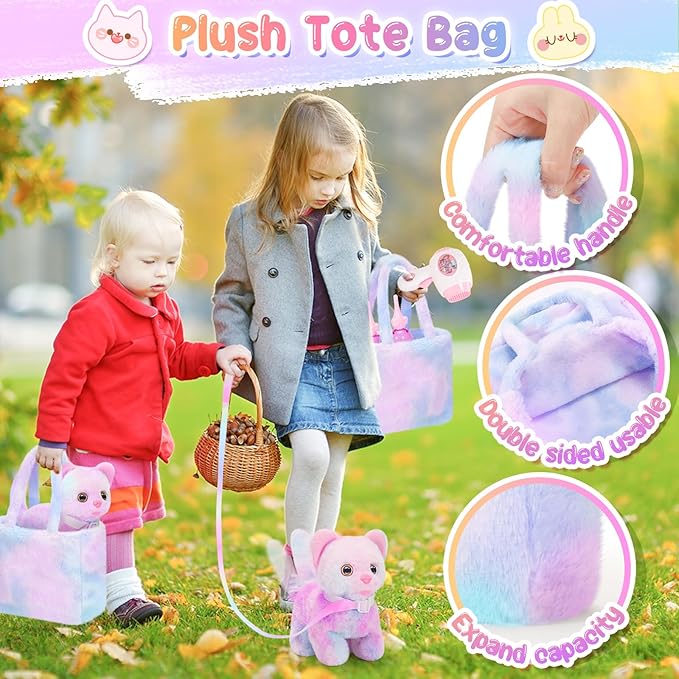 NINAOR Plush Interactive Cat Toys for Kids with Tote Bags, Stuffed Robot Pet Kitten with Leash Walking Meow Pretend Play, Realistic Cute Stuff Fidget Toys for Toddler Stocking Stuffers Birthday Gifts