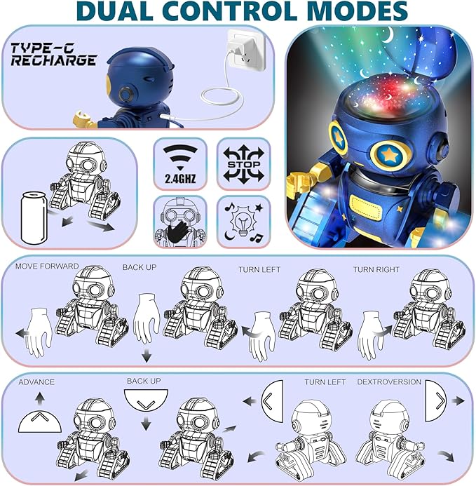 Aikmi Robot Toys for Kids 5-7, Rechargeable Remote Control Robot with Projector Night Light for Kids, Gesture Sensor, Music, Toys for 6 Year Old Boys Girls Birthday Present Boy Toy (Blue)