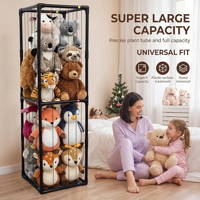 Stuffed Animal Storage, Kids Toy Zoo Storage Organizer with Elastic Band, Thicken PVC Tube Large Stuffed Animals Holder for Nursery Playroom Bedroom Room Furniture Plush Storage-Black