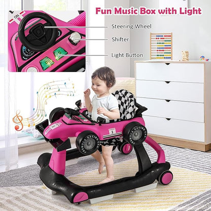 HONEY JOY 4-in-1 Baby Walker, Activity Push Walker w/3 Adjustable Heights, Smooth Wheels w/Adjustable Speed, Padded Seat, Music & Light, Foldable Car Walker for Baby Boys Girls Age 6 Months+ (Pink)