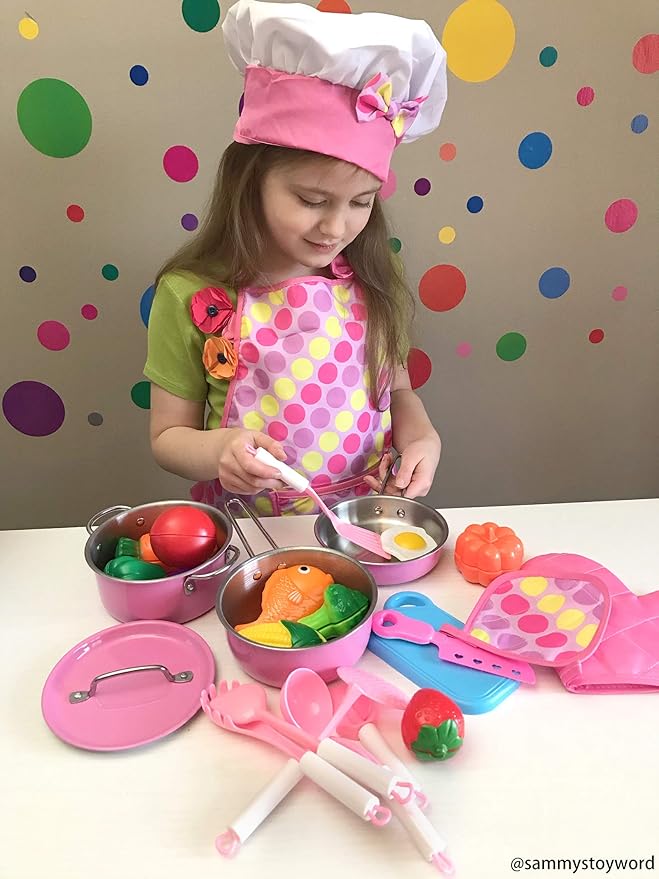 INNOCHEER Play Food for Kids Kitchen Cooking Playing Set, 26 PCS Kids Kitchen playset Accessories with Chef Hat Apron Dress Up, Toddler Cooking Chef Costume Set for 3 4 5 6 Year Old Girls Boys