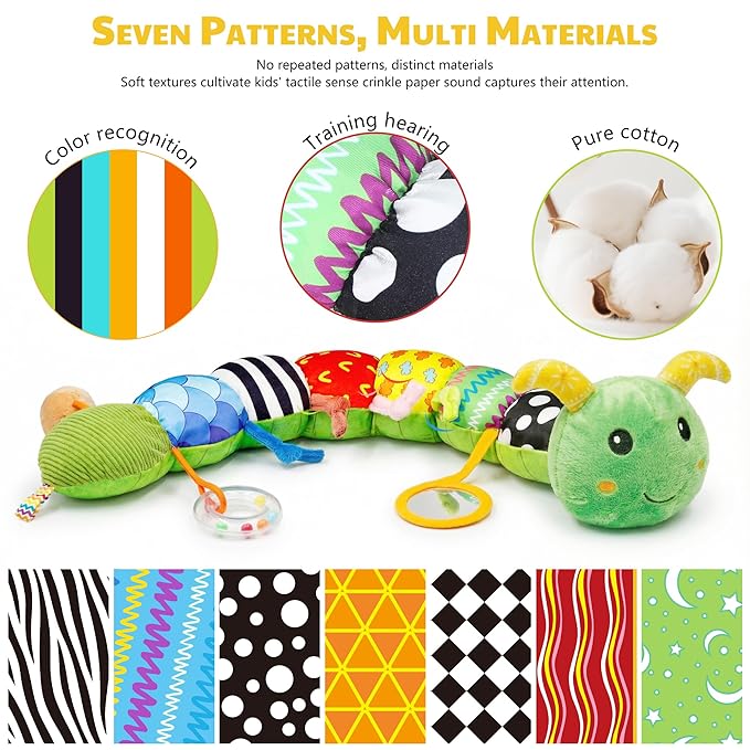 Baby Toys 0-6 Month Musical Caterpillar Toy for Infant 0-3 3-12 Months,Mirror Crinkle Rattle Tummy Time Sensory Toys Newborn Boys&Girls Stuffed Plush Gifts,Car Seat Toys for Outings