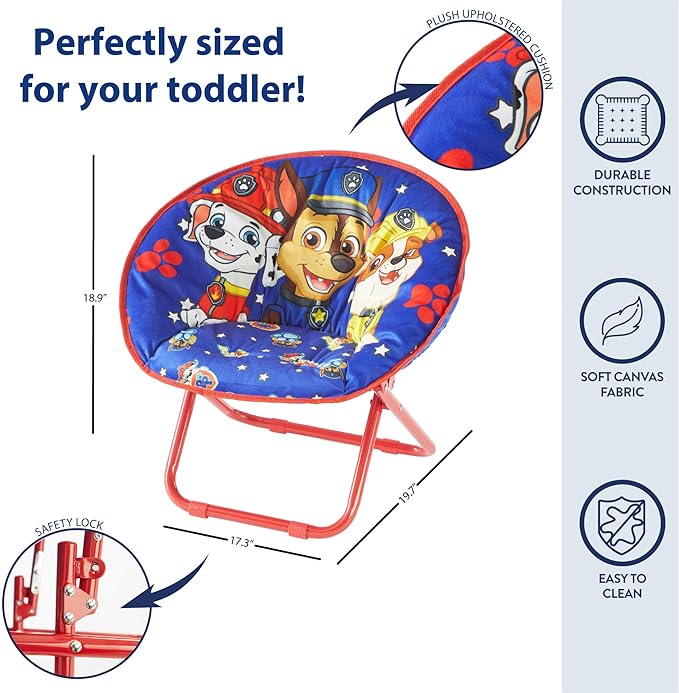 Idea Nuova Paw Patrol Chase, Rubble and Marshall Toddler 19” Folding Saucer™ Chair with Metal Frame, Ages 3+