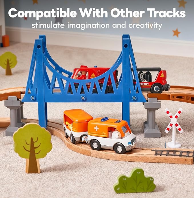 Giant bean 6pcs Magnetic Rescue Train Car Set with Sound & Light – 3 in1 Police, Fire & Ambulance Emergency Vehicles, Magnetic Coupling with Action Figures Accessories, STEM Play Toy for Kids 3+