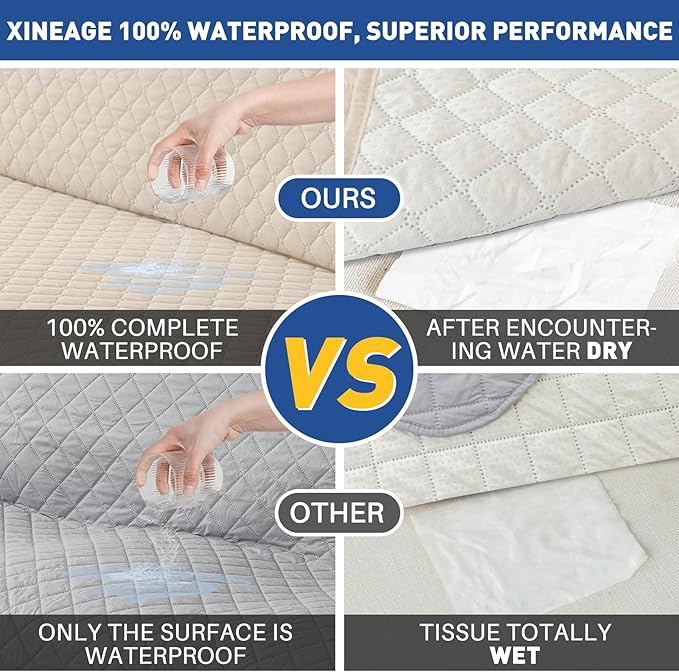 XINEAGE Quilted Chair Sofa Cover Waterproof Chair Covers for Armchair, Super Soft Washable Slipcover with Pockets & Non-Slip Elastic Straps, Thick Furniture Protector (Chair, Beige)