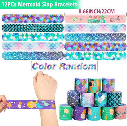102Pcs Mermaid Party Favors Mermaid Bags Mermaid Slap Bracelets Rings Keychain Mermaid Hair Rings Temporary Tattoos Stickers for Kids Birthday Party Supplies Mermaid Goodie Bag Fillers