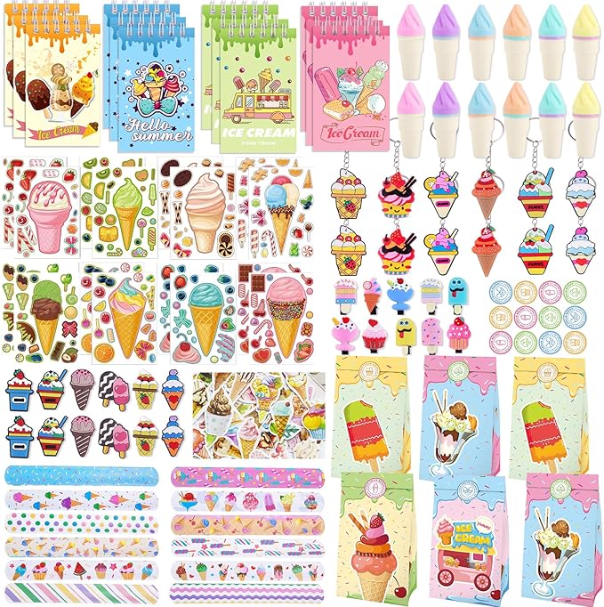 Bluegogo 148 Pcs Ice Cream Party Favors Include Mini Notebook Highlighter DIY Sticker Gift Bag Slap Bracelet Keychain Shoe Charms Hair Clip for Ice Cream Birthday Party Decoration