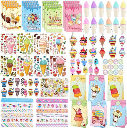 Bluegogo 148 Pcs Ice Cream Party Favors Include Mini Notebook Highlighter DIY Sticker Gift Bag Slap Bracelet Keychain Shoe Charms Hair Clip for Ice Cream Birthday Party Decoration