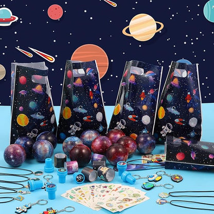 LiYiQ 87 Pcs Space Party Favors With Space Stress Balls Space Necklace Space Stamps Slap Bracelets Keychains Space Temporary Tattoo Stickers and Gift Bags For Kids Space Birthday Party Supplies
