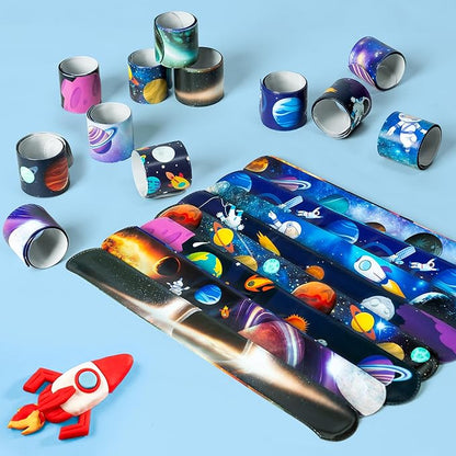 Space Slap Bracelet, 24Pcs Outer Space Kids Wristbands Bracelets with Thank You Cards Planet Themed Party Favors Gifts for Kid Birthday Party Favors Classroom Prizes Exchange (12 Styles)