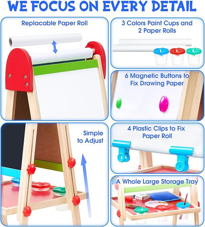 Art Easel for Kids, 3 in 1 Adjustable Double Sided Kids Easel with Magnetic Whiteboard, Chalkboard, 2 Paper Rolls and Accessories, All in One Wooden Toddler Easel, Art Easel for Kids Ages 2-4 4-8 8-12