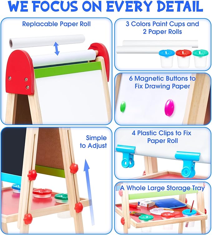 Art Easel for Kids, 3 in 1 Adjustable Double Sided Kids Easel with Magnetic Whiteboard, Chalkboard, 2 Paper Rolls and Accessories, All in One Wooden Toddler Easel, Art Easel for Kids Ages 2-4 4-8 8-12