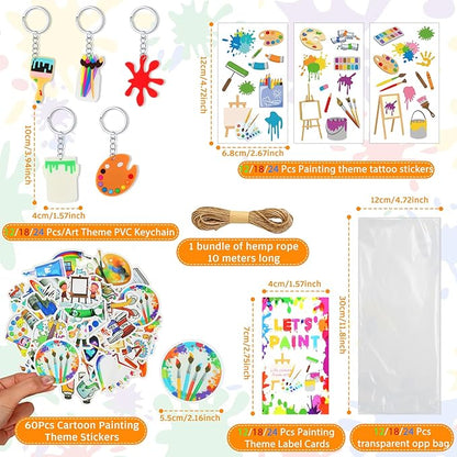 HyDren Paint Party Favors Include Mini Watercolor Paint Set Small Painting Canvas with Easel Palette Brush Paint Stickers Tattoo Sticker Keychain for Class Birthday Art Party(254 Pcs, Classic Style)