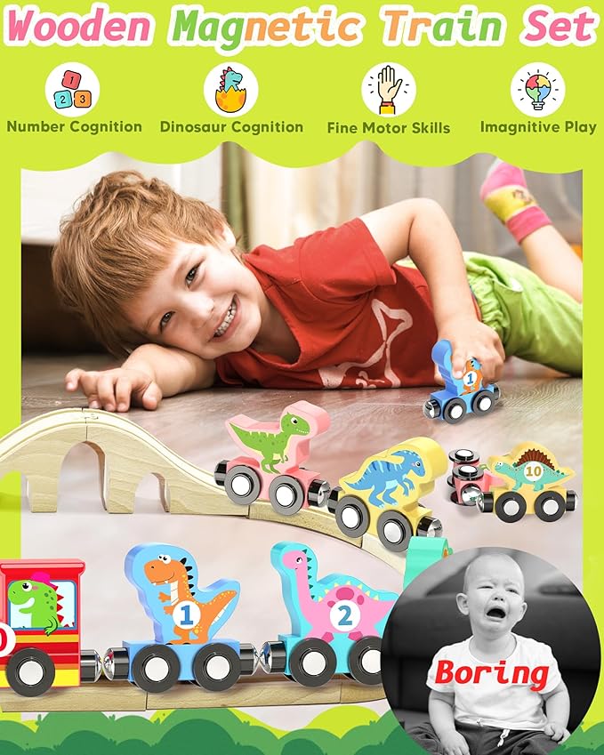 11 Pcs Magnetic Dinosaur Train Set Montessori Toys for 1 2 3 Years Old Toddlers Boys Girls, Wooden Dinosaur Preschool Learning Easter Basket Stuffers Sensory Toys Birthday Gifts Ages 1-3, 2-4