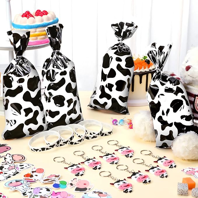 Chunful 148 Pcs Cow Party Favors Supplies Include Cute Cow Keychain Cow Print Gift Bag Elastic Cow Silicone Bracelets Cow Stickers Cow Animal Print Stickers for Kids Girl Shower Birthday(White)