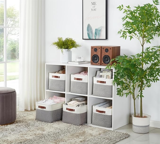 DECOMOMO Storage Baskets for Shelves - Fabric Storage Bins, Linen Closet Organizers and Storage (Grey & White, Large - 3 Pack)