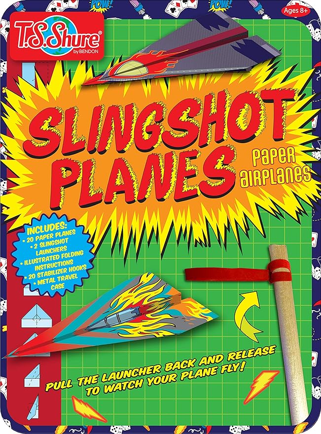 Bendon TS Shure Slingshot Airplanes Educational Activity Tin with Stabilizer Hooks and Slingshots 50511