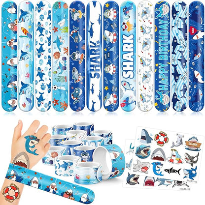 48PCS Shark Party Favors - 24PCS Tattoos & 24PCS Slap Bracelets - Ocean-Themed Birthday Supplies, Undersea Decorations, Classroom Prizes, Gifts for Boys & Girls