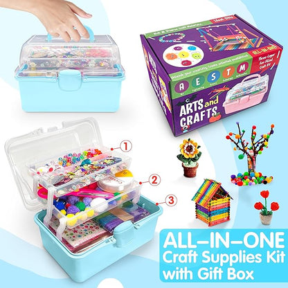 LINAYE 2500+PCS Arts and Crafts Supplies for Kids, DIY Craft Supplies Kit Box for Ages 6-8, Arts and Crafts Kit for Kids, Crafting Supply Set for Girls Boys Birthday Christmas Gifts, Light Blue