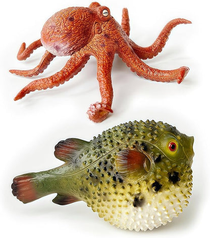 Gemini&Genius Pufferfish and Octopus Toys for Kids, Sea Animals Action Figure Set, Pufferfish and Octopus Hard Plastic Figurines, Sea Life Educational Gifts, Play&Display, Collection Models for Kids