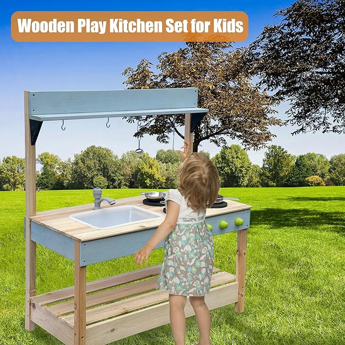 Mud Kitchen Playset for, Outdoor Wooden Toy Play Kitchen Set for Boys and Girls, Kitchen Accessories and Garden Sink with Faucet, Blackboard, Cookware Pot (Blue1)