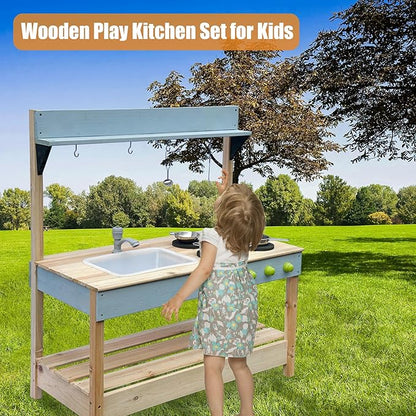 Mud Kitchen Playset for, Outdoor Wooden Toy Play Kitchen Set for Boys and Girls, Kitchen Accessories and Garden Sink with Faucet, Blackboard, Cookware Pot (Black1)
