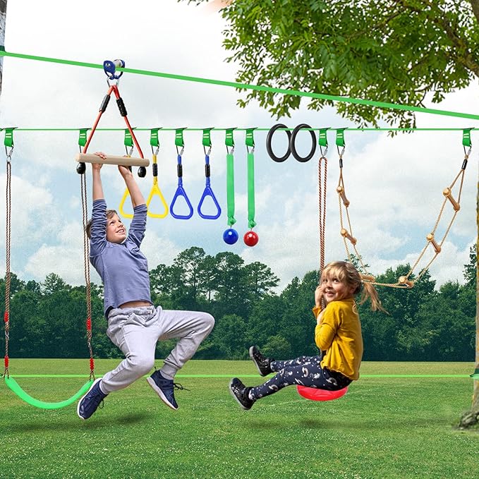 2-in-1 Ninja Warrior Obstacle Course with Zip Line for Kids & Adults, Transformable Backyard Slackline Kit, Outdoor Play Set with Swing, Climbing Obstacles & Flying Seat, Easy Setup, Heavy Duty