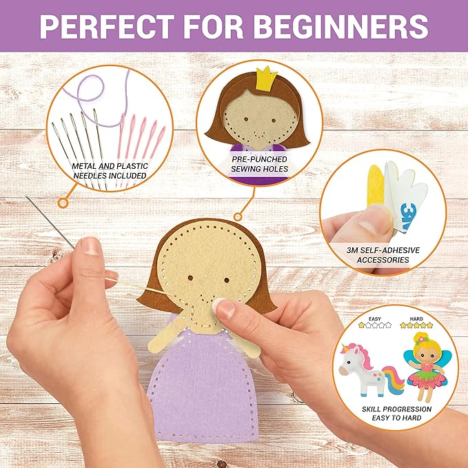 Craftorama Sewing Kit for Kids, Fun and Educational Fairytale Craft Set for Boys and Girls Age 7-12, Sew Your Own Felt Animals Craft Kit for Beginners, 165 Piece Set