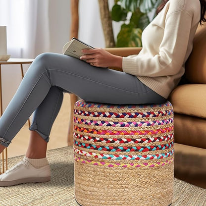 COTTON CRAFT Jute Chindi Pouf – Cylindrical Jute Cotton Braided Ottoman - Moroccan Boho Kilim Foot Stool - Bedroom Family Room Accent Seating – Footrest - Rustic Decor Round Pouf – 15 diax16 H- Multi