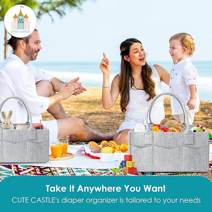 Cute Castle 4 Pack Diaper Caddy Organizer - Portable Baby Caddy Organizer with Handle, Nursery Storage Bin and Car Organizer for Girls, Boys - Baby Gift Basket - Grey