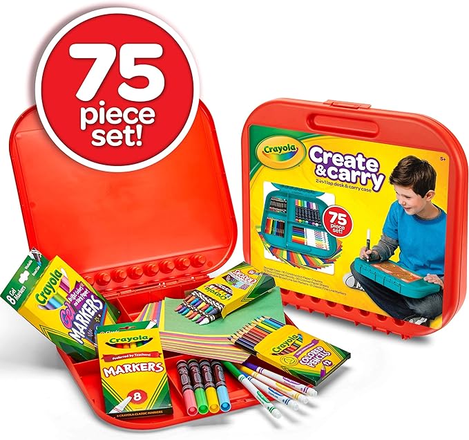 Crayola Create 'N Carry Art Set (75pcs), 2-in-1 Lap Desk & Carrying Case, Art Kit for Kids, Arts & Crafts Supplies, Easter Basket Stuffer & Gifts, 5+