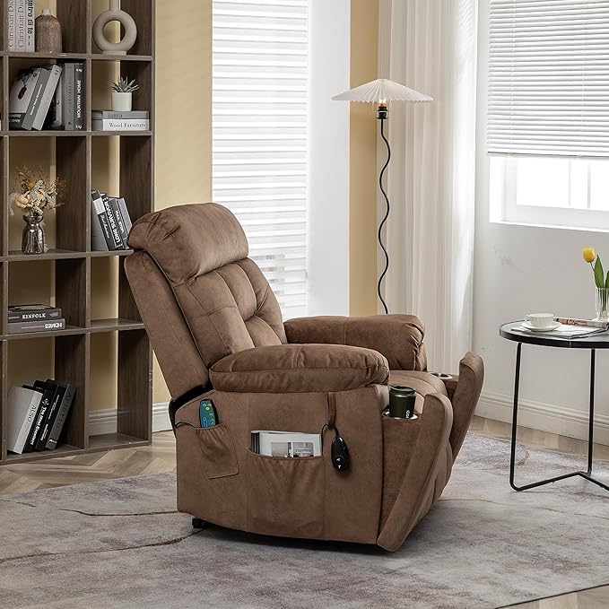FANYE Electric Power Lift Chair for Elderly W/Massage and Heat, Infinite Positions 2 Remote Controllers Oversized Velvet Upholstered Recliner & Armchair W/Side Pockets & Hidden Cup Holders, Coffee V