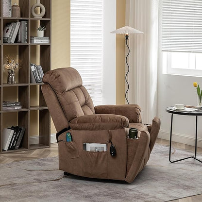 FANYE Electric Power Lift Chair for Elderly W/Massage and Heat, Infinite Positions 2 Remote Controllers Oversized Velvet Upholstered Recliner & Armchair W/Side Pockets & Hidden Cup Holders, Coffee V