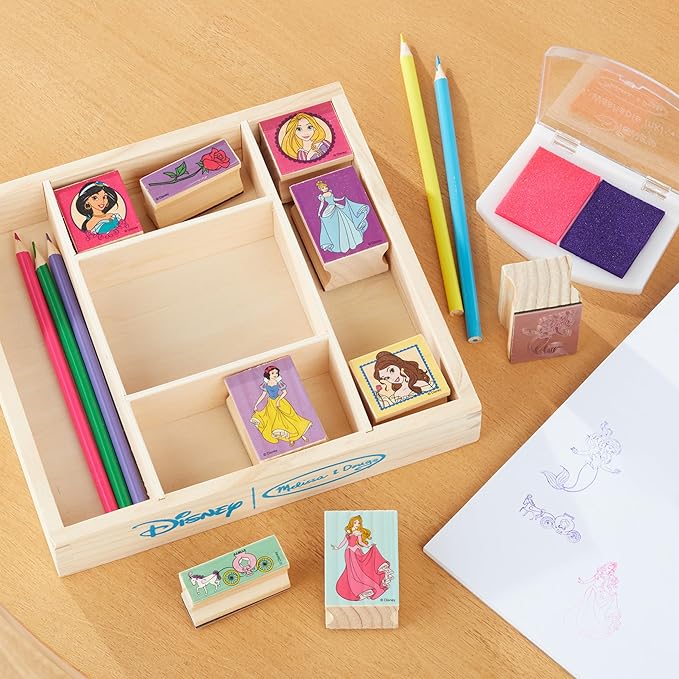 Melissa & Doug Disney Princess Wooden Stamp Set: 9 Stamps, 5 Colored Pencils, and 2-Color Stamp Pad Disney Princess Coloring, Stamps With Washable Ink, For Kids Ages 4+