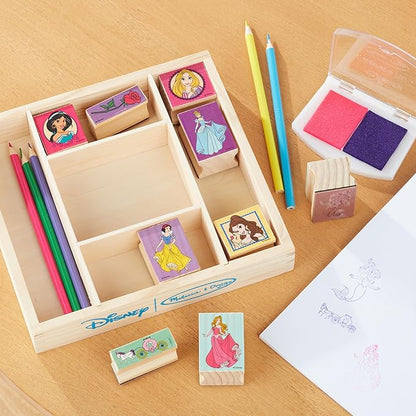 Melissa & Doug Disney Princess Wooden Stamp Set: 9 Stamps, 5 Colored Pencils, and 2-Color Stamp Pad Disney Princess Coloring, Stamps With Washable Ink, For Kids Ages 4+
