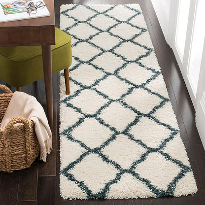 SAFAVIEH Hudson Shag Collection Runner Rug - 2'3" x 12', Ivory & Slate Blue, Trellis Design, Non-Shedding & Easy Care, 2-inch Thick Ideal for High Traffic Areas in Living Room, Bedroom (SGH283T)