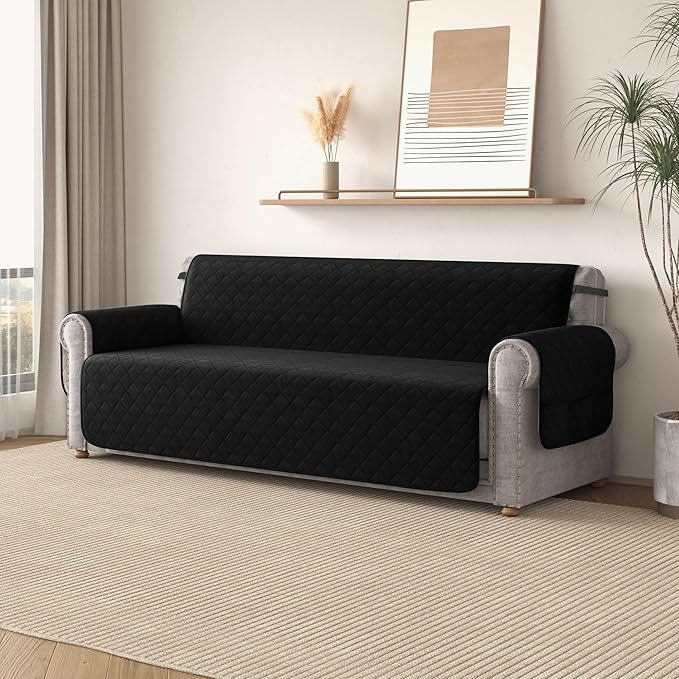 CHUN YI Oversized Couch Cover, Water Resistant Sofa Cover Slipcover for 4 Cushion Sofa, Washable with Adjustable Strap Storage Pocket for Living Room Dog Pet (Oversized Sofa, Black)