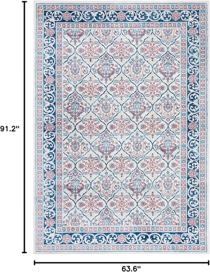 SAFAVIEH Brentwood Collection 5'3" x 7'6" Beige / Navy BNT870B Oriental Damask Trellis Non-Shedding Living Room Bedroom Dining Home Office Area Rug