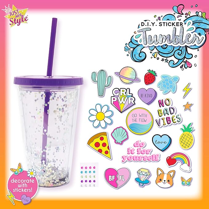 Just My Style DIY Sticker Tumbler, Style & Embellish Your Own BPA Free VSCO Glitter Water Tumbler, Reusable Stickers Included, Great Back To School Gift, Birthday Gift for Girls Ages 6, 7, 8, 9, 10