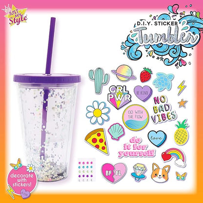 Just My Style DIY Sticker Tumbler, Style & Embellish Your Own BPA Free VSCO Glitter Water Tumbler, Reusable Stickers Included, Great Back To School Gift, Birthday Gift for Girls Ages 6, 7, 8, 9, 10