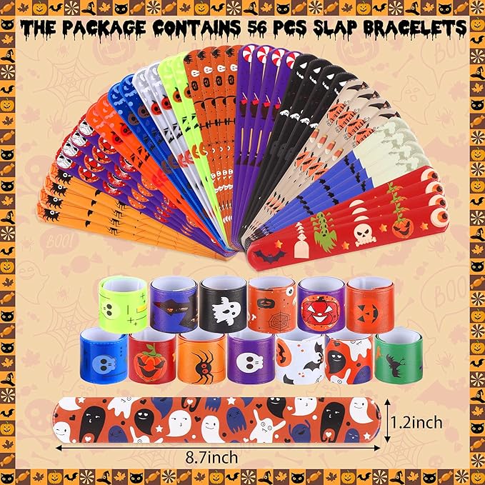 JUNEBRUSHS 56 PCS Halloween Slap Bracelets Halloween Party Favors Snap Bracelets Bulk Halloween Toys for Kids Girls Boys Birthday Party Supplies