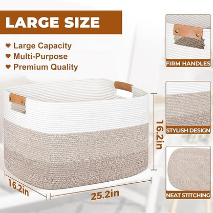 danpinera 108L Large Blanket Basket for Living Room, Woven Storage Basket with Leather Handles, Cotton Rope Storage Organization in Nursery for Toys & Clothes 25 ''* 16 ''*16 '', Gradient Brown